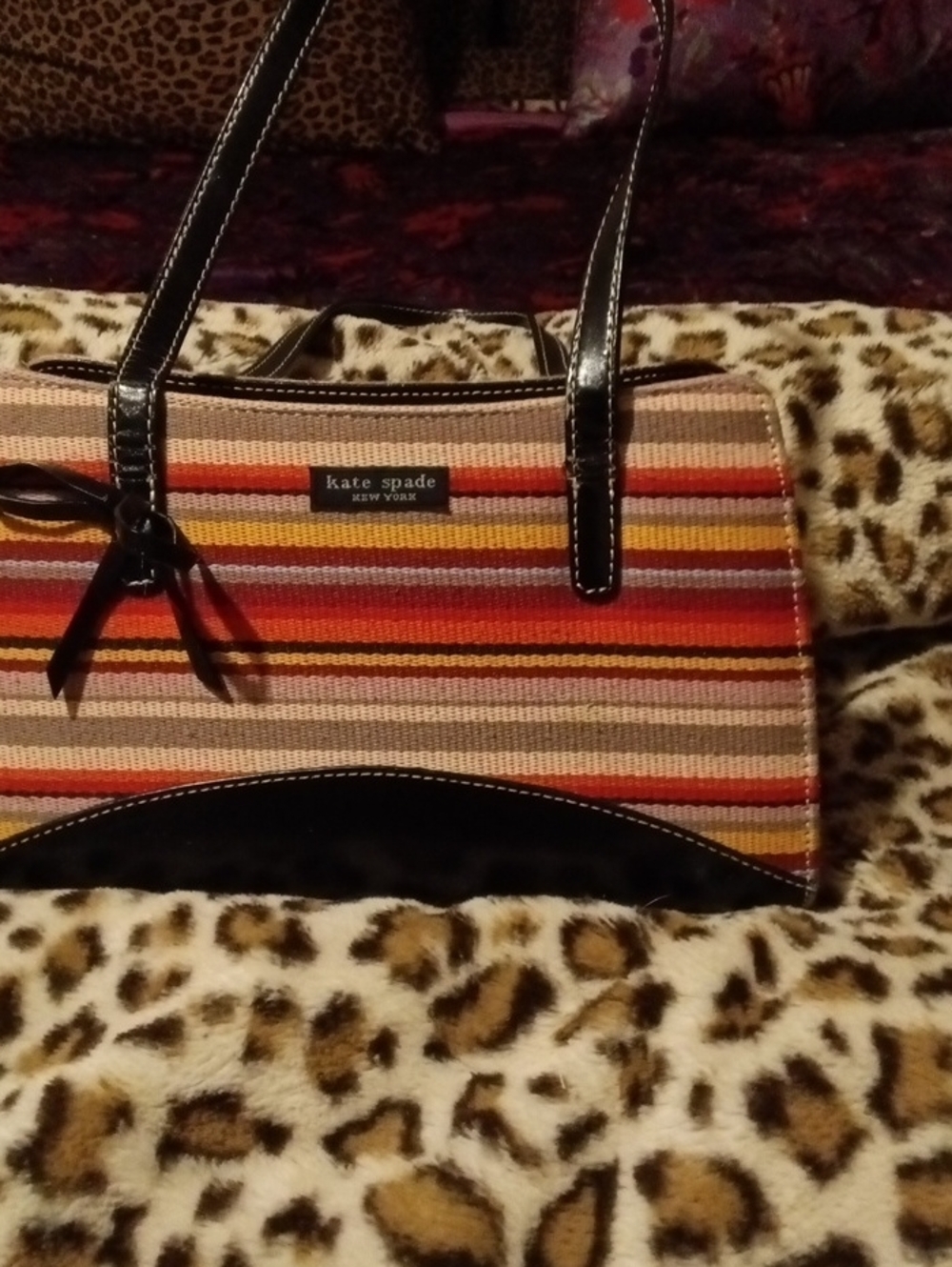 kate spade Multicolor Striped Canvas Tote with Black Trim